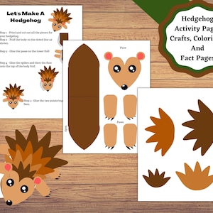 May include: Printable craft activity for making a hedgehog. The instructions include five steps with illustrations. The printable includes a body, face, paws, and spikes.