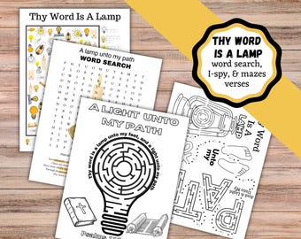 May include: A collection of printable activity sheets featuring the theme Thy Word Is A Lamp. The pages include word searches, I-spy games, and mazes with illustrations of lightbulbs, lanterns, feet, a Bible, and scrolls, with text including Psalms 119:105.
