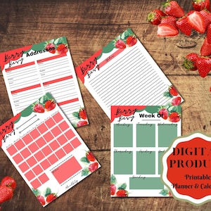 Strawberry themed planner, easy planner, summer strawberry themed planner calendar and journaling planner pages