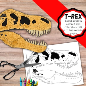 Printable Tyrannosaurus Rex skull with moving Jaw. T-Rex coloring pages and crafts. Dinosaur kids craft and decoration.