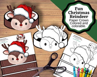 Christmas reindeer paper crowns, printable kids craft for Christmas. Rudolf reindeer headband.