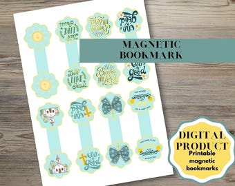 May include: A sheet of printable magnetic bookmarks featuring various designs including churches, bows, and religious text such as God is good, Praise the Lord, and Love like Jesus, all set against a light blue and yellow color palette.