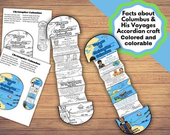 May include: A paper accordion craft project about Christopher Columbus featuring printed text, maps, and illustrations. The set includes two completed, folded paper strips with blue and white sections, alongside two flat instruction sheets.