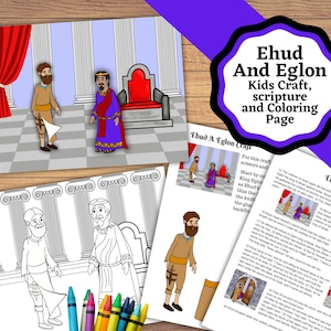 Könnte beinhalten: Ein druckbares Bastelset, eine Malvorlage und eine Bibellesestunde für Kinder mit der biblischen Geschichte von Ehud und Eglon. Das Bild zeigt eine farbenfrohe Illustration von Ehud und Eglon in einer Palastkulisse.