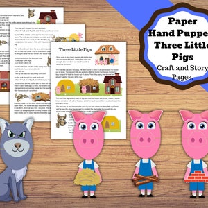 Printable Three Little Pigs and the Wolf, Hand puppets with three pages of story sheets. Printable kids puppet craft.