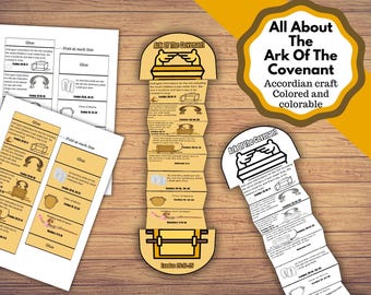 May include: An accordion-style paper craft project titled All About The Ark Of The Covenant, featuring printed illustrations and text in both colored and black-and-white versions, including instructional sheets for assembly and folding.