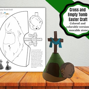Túmulo Vazio Artesanato para crianças. Artesanato de Páscoa com cruz e túmulo vazio com pedra móvel. Artesanato bíblico de Páscoa.