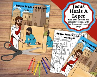May include: A printable craft set titled Jesus Heals A Leper Mark 1:34-45 featuring colored and black-and-white illustrations of Jesus and a leper in a desert city setting. Includes a pair of black scissors and six colorful wax crayons.