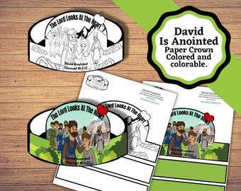 May include: A black and white printable paper crown with a scene of David being anointed by Samuel. The crown is shaped like a headband and has the text "The Lord Looks At The Heart" and "David Anointed 1 Samuel 16:1-13".