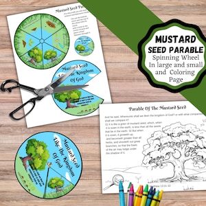 Parable of the Mustard Seed craft. Craft and coloring page for Bible lesson. Mustard Seed Spinning Wheel craft.