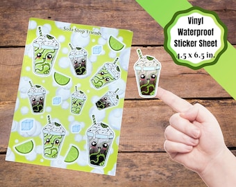Lime soda shop themed sticker sheet, kiss cut sticker page with kawaii soda and shake.