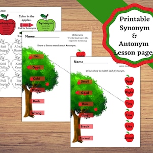 Printable lesson pages for learning Antonyms and synonyms. Matching up Synonyms, matching up Antonyms. image 1