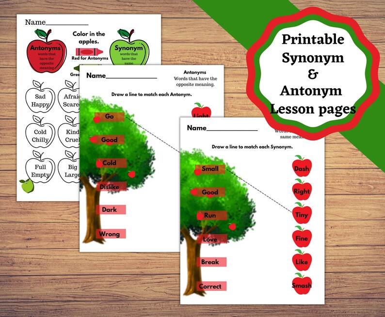 Printable lesson pages for learning Antonyms and synonyms. Matching up Synonyms, matching up Antonyms. image 1