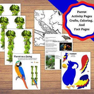 Afdrukbare educatieve knutsel- en activiteitenpagina's voor papegaaien. Papegaaidecor, kleurplaat en informatieblad, maak je eigen papegaai.
