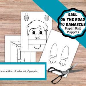 May include: Black and white printable paper bag puppet craft for kids. The craft features Saul on the road to Damascus. The printable includes a face, body, and two hands.