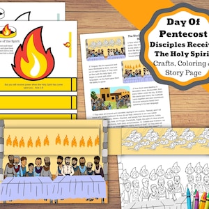 Può includere: Una pagina da colorare e stampare e un'attività artigianale per bambini sulla storia biblica della Pentecoste. La pagina presenta un'illustrazione colorata dei discepoli che ricevono lo Spirito Santo, insieme al testo "Giorno di Pentecoste I discepoli ricevono lo Spirito Santo Artigianato, colorare e pagina della storia".
