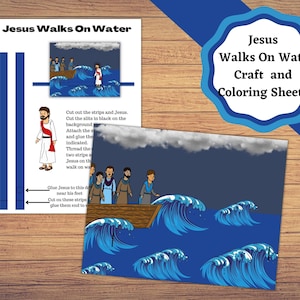 Jesus Walks on Water moving bible story craft, printable Jesus activity and coloring pages.