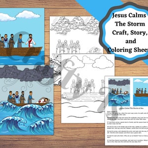 Jesus Calms The Storm, bricolage imprimable, feuille d&#39;histoire et pages à colorier.