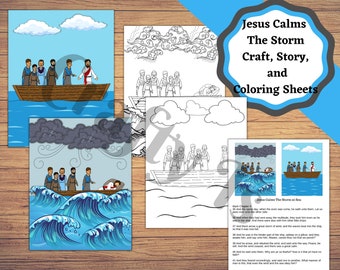May include: A printable set of coloring sheets, a craft, and a story about Jesus calming the storm. The coloring sheets feature black and white illustrations of a boat with people in it, clouds, and waves. The craft and story are based on the Bible verse Mark 4:35-41.