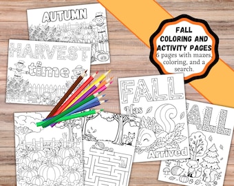 May include: A set of six black and white coloring and activity pages featuring fall themes like pumpkins, scarecrows, and woodland animals, with the text FALL COLORING AND ACTIVITY PAGES 6 pages with mazes, coloring, and a search.