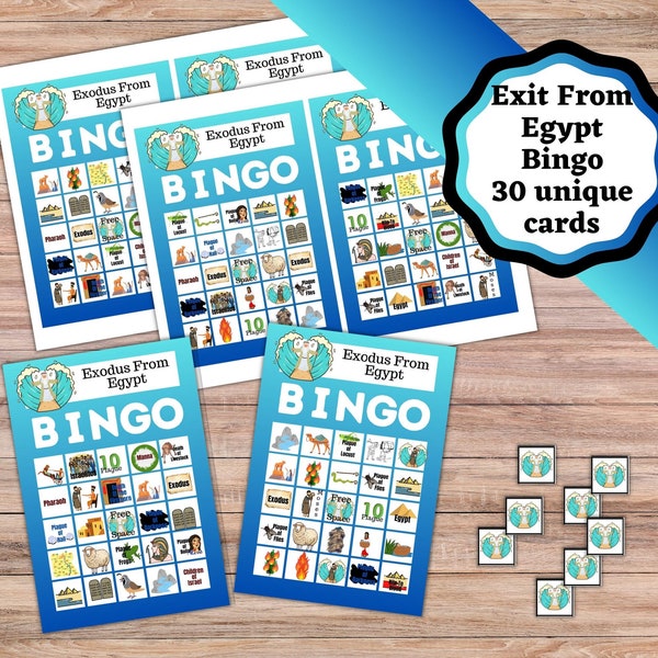 Printable Exit from Egypt Bingo Cards, 30 unique cards. Moses leads the Israelites out of Egypt, kids bible game.