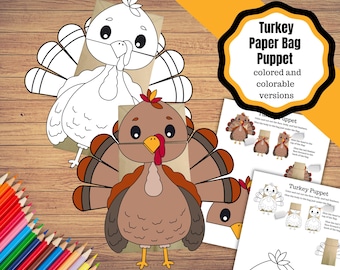 Turkey paper bag puppet craft. Colorable turkey puppet.