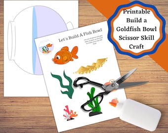Printable build a fish bowl. Kids craft printable goldfish bowl. Children's scissor skill craft. Goldfish craft.