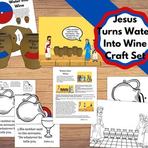 Può includere: Un set di artigianato per bambini per imparare la storia biblica di Gesù che trasforma l'acqua in vino. Il set include pagine da colorare, un'attività di artigianato e un versetto biblico. L'immagine mostra un cerchio rosso, bianco e blu con le parole "Acqua in vino" e un'immagine di Gesù che trasforma l'acqua in vino.