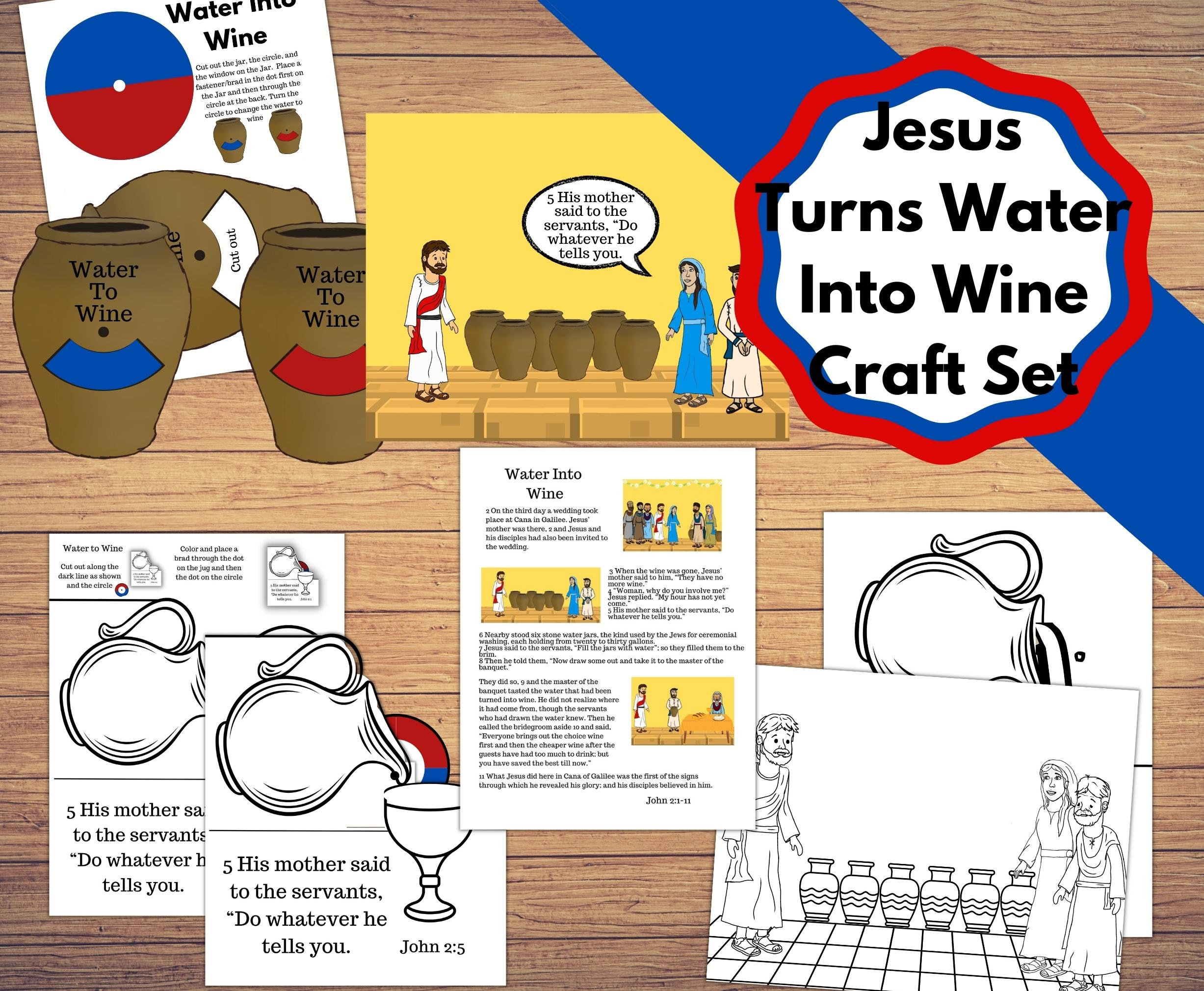 Printable Pitcher Pouring Jesus Into Wine Coloring Craft Set, Colorable