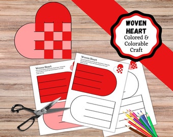 Printable woven heart craft. Woven heart kids craft, Valentine craft, Valentine Decoration, colored and colorable woven heart.