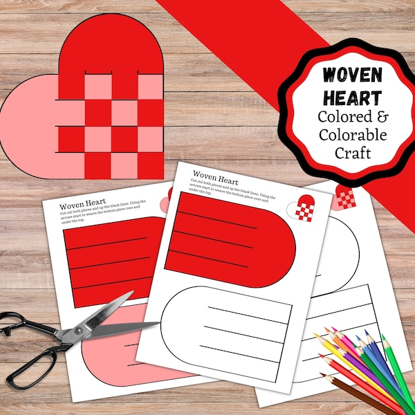 Printable woven heart craft. Woven heart kids craft, Valentine craft, Valentine Decoration, colored and colorable woven heart.