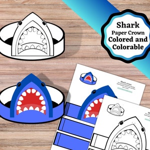 Printable shark crowns, colored and colorable versions. Shark craft, shark party favor, shark week fun.