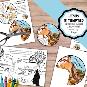 Jesus Tempted in the Wilderness, Printable spinning wheel craft in 2 sizes with coloring page. Man does not live by bread alone.