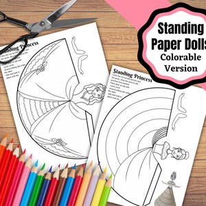 Printable Standing Paper Dolls. Standing princess paper dolls. Paper doll kids coloring craft.