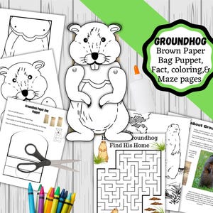 Groundhog Day Afdrukbare educatieve en knutselset. Factsheet Kleurbare pop, kleurplaat, doolhof en groundhog