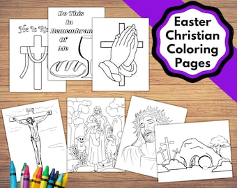 May include: A selection of Easter Christian colouring pages with religious themes. The images depict a cross, praying hands, Jesus, and the empty tomb. The text "Easter Christian Colouring Pages" is displayed on a purple and black badge.