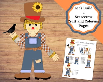 May include: Printable craft and coloring pages featuring a scarecrow with a blackbird on its arm. The pages include instructions for making a paper scarecrow. The title of the craft is "Let's Build a Scarecrow Craft and Coloring Pages".
