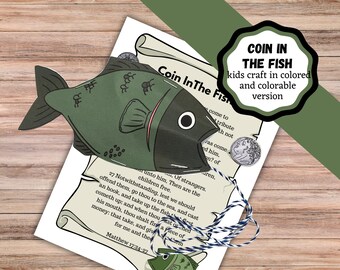 Munt in de vis Bijbelambacht. Jezus betaalt de tempelbelasting voor hem en Petrus met een muntstuk van een vis.  Coin In Fish Miracle-knutselwerk voor kinderen.