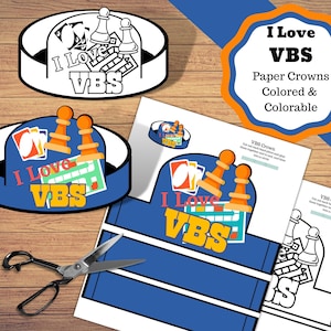 Printable paper crowns, I Love VBS, VBS craft in colored and colorable versions. VBS paper crowns game playing.