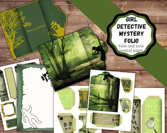 May include: A Girl Detective Mystery Folio kit featuring green-toned paper ephemera, including a folder with a forest scene, a silhouette of a detective, a chalk outline, magnifying glass graphics, and text reading Girl Detective Mystery Folio.