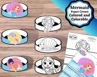 Corone di carta sirena stampabili. Corone a sirena colorate da ritagliare e utilizzare e corone in bianco e nero da colorare e poi ritagliare.