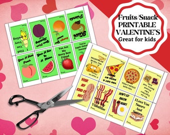 Printable Snack Food And Fruit Themed Valentines for kids. Valentine craft.