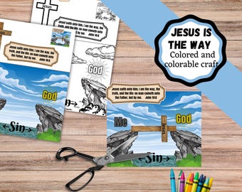May include: A collection of colorable craft sheets with the text "Jesus is the Way." The sheets feature a cross, the words "God," "Me," and "Sin," and a Bible verse. A pair of scissors and colored pencils are also present.