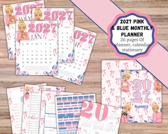 May include: A 2027 monthly planner set featuring 26 pages of stationery with pink bow patterns, floral accents, and illustrations of a person with a cat. The text reads 2027 PINK & BLUE MONTHLY PLANNER 26 pages Of planner, calendar stationery.