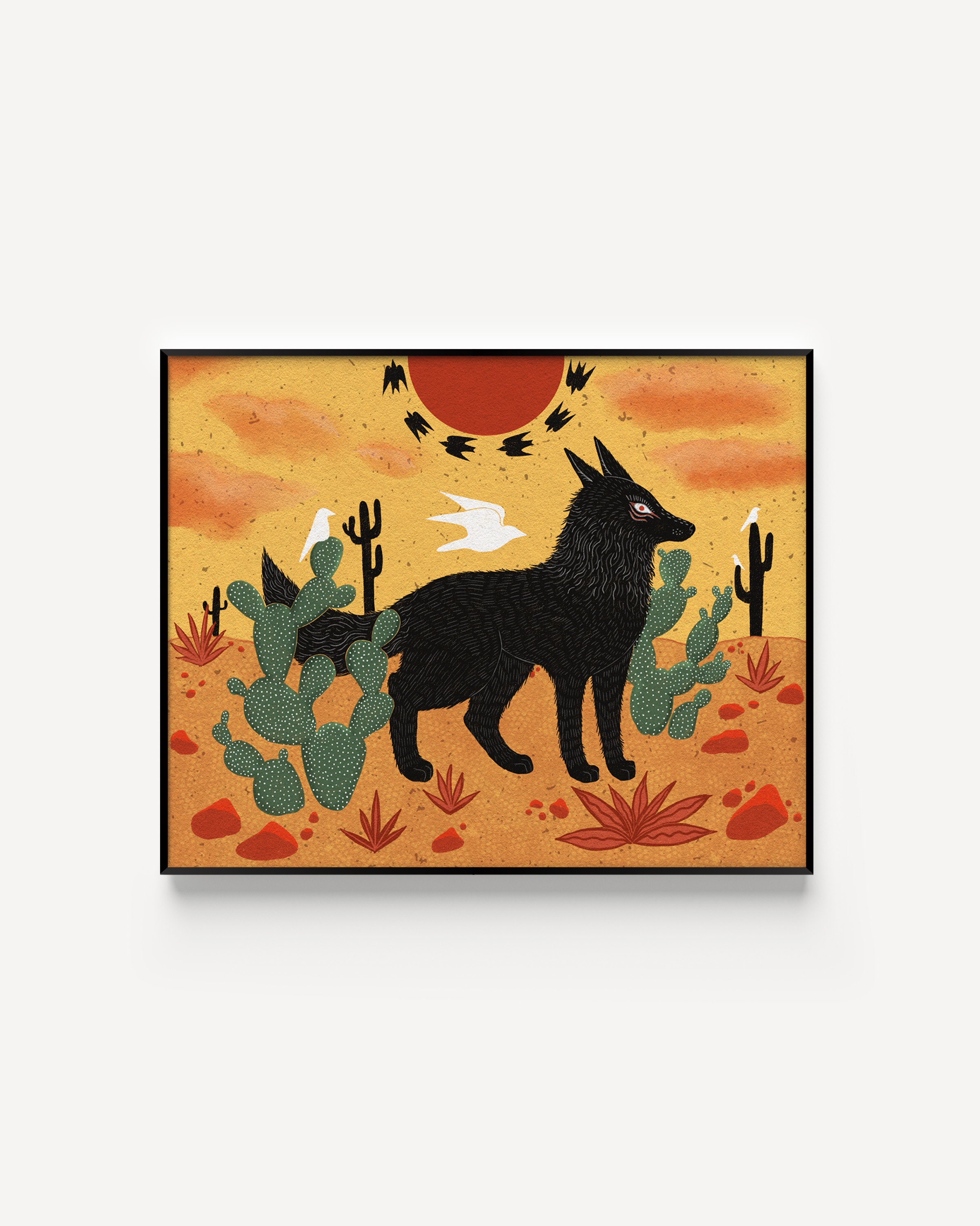 Wolf and Cactus Folk Art Nature Print Black Coyote