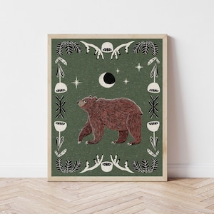 Bear, Moon, and Star Nature Art Print - Folk Art, Forest, Woodland Illustration - Witchy, Celestial, Southwestern Cottagecore Wall Décor