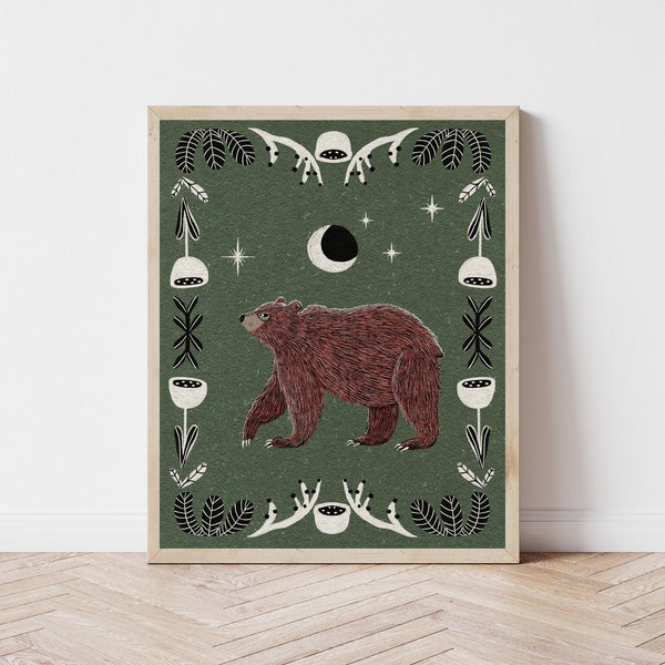 Bear, Moon, and Star Nature Art Print - Folk Art, Forest, Woodland Illustration - Witchy, Celestial, Southwestern Cottagecore Wall Décor