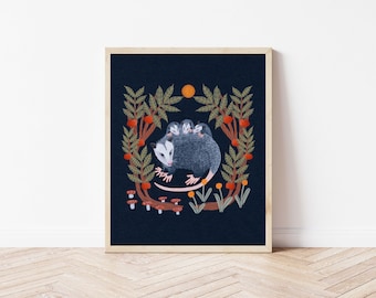 Mama Opossum, Babies, and Persimmon Nature Print Illustration - Moon and Sun Botanical Art Print - Dark Forest Possum Cottagecore Wall Décor