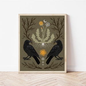 Nesting Crows and Dandelions Nature Print - Cottagecore Folk Art Bird Wall Décor - Vibrant Boho Animal Art, Celestial Illustration