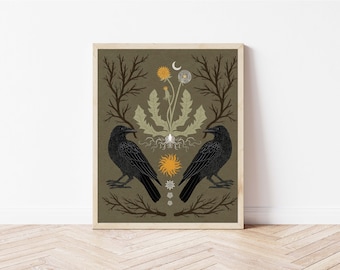 Nesting Crows and Dandelions Nature Print - Cottagecore Folk Art Bird Wall Décor - Vibrant Boho Animal Art, Celestial Illustration